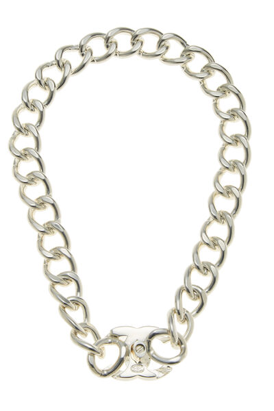 Silver Metal Chain-Link 'CC' Choker Necklace, , large