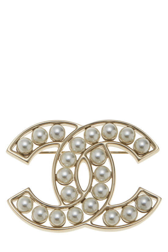 Gold & Faux Pearl 'CC' Pin , , large image number 0
