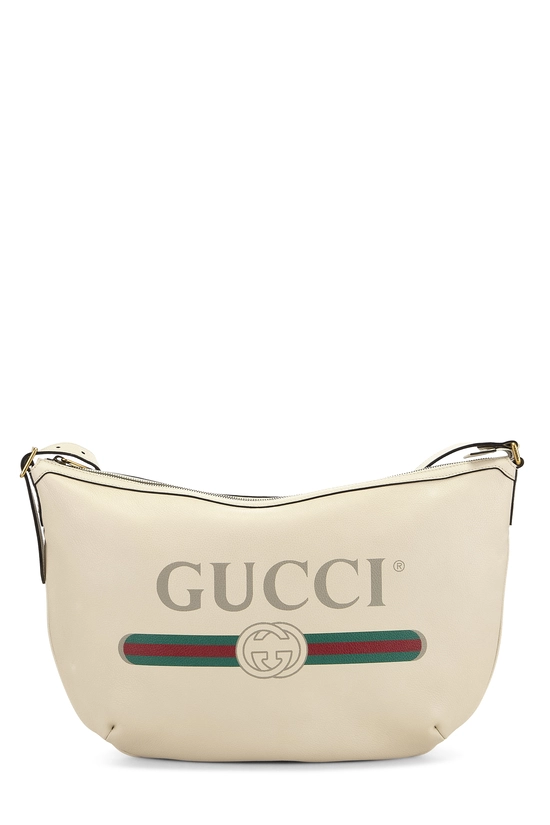 White Leather Logo Printed Half Moon Hobo, , large image number 0