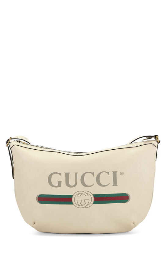 White Leather Logo Printed Half Moon Hobo, , large image number 0