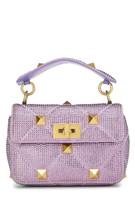 Purple Crystal Embellished Roman Stud Top Handle Bag Small, , large image number 0
