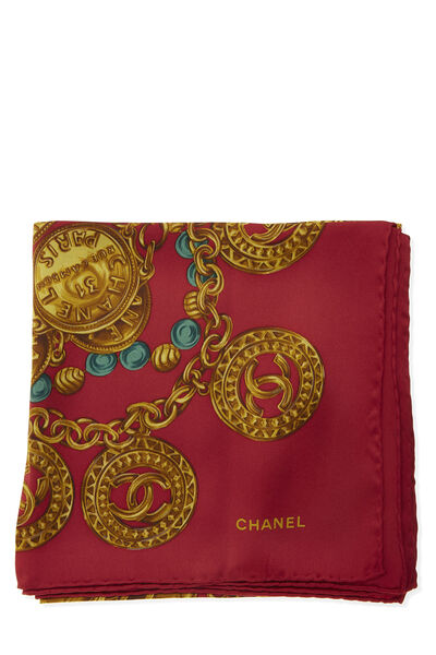 Red & Gold 'CC' Medallion Silk Scarf, , large