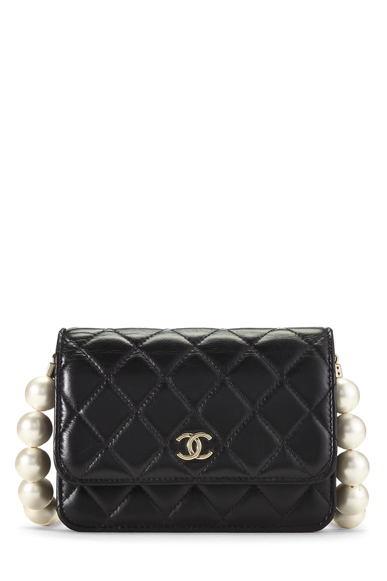 Black Quilted Lambskin Faux Pearl Chain Clutch, , large image number 0