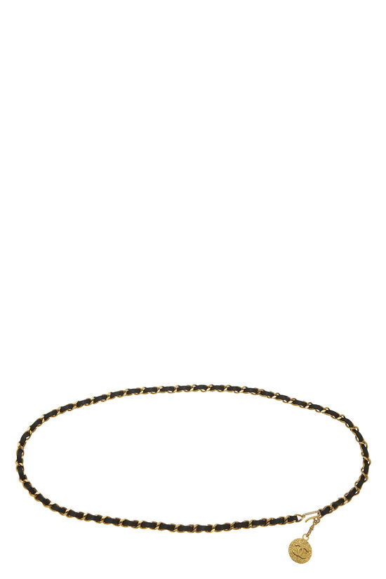 Gold & Black Leather 'CC' Chain Belt, , large image number 0