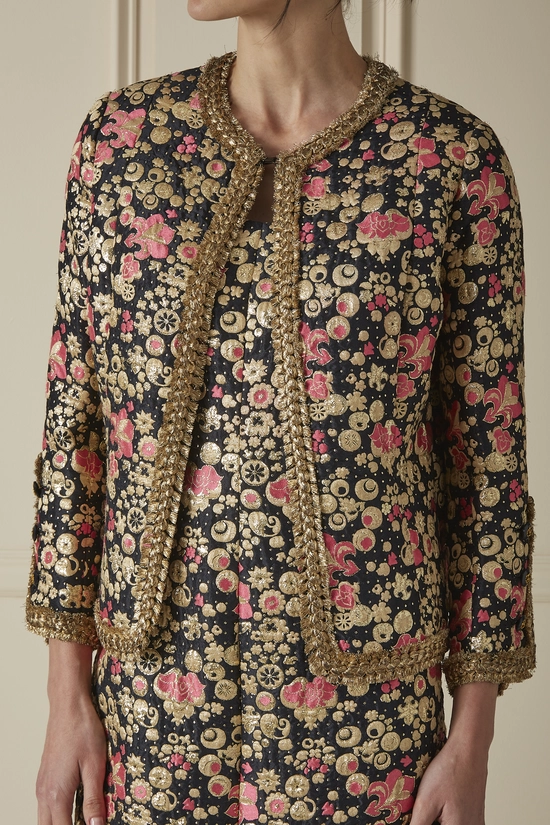 Black & Metallic Gold Brocade Dress Set, , large image number 2