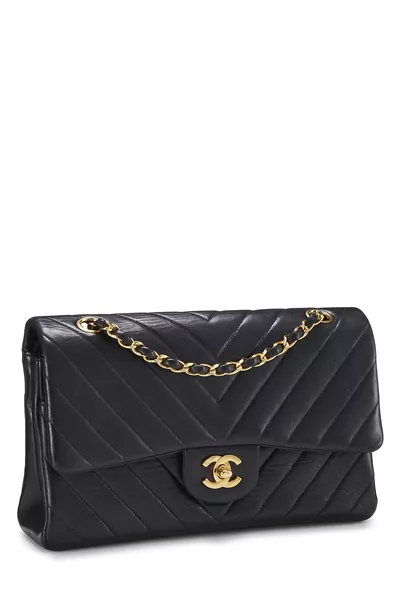 Black Chevron Lambskin Classic Double Flap Medium, , large