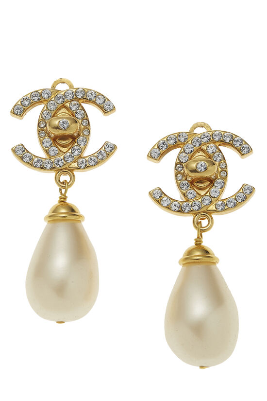 Gold & Faux Pearl Crystal 'CC' Turnlock Earrings, , large image number 0
