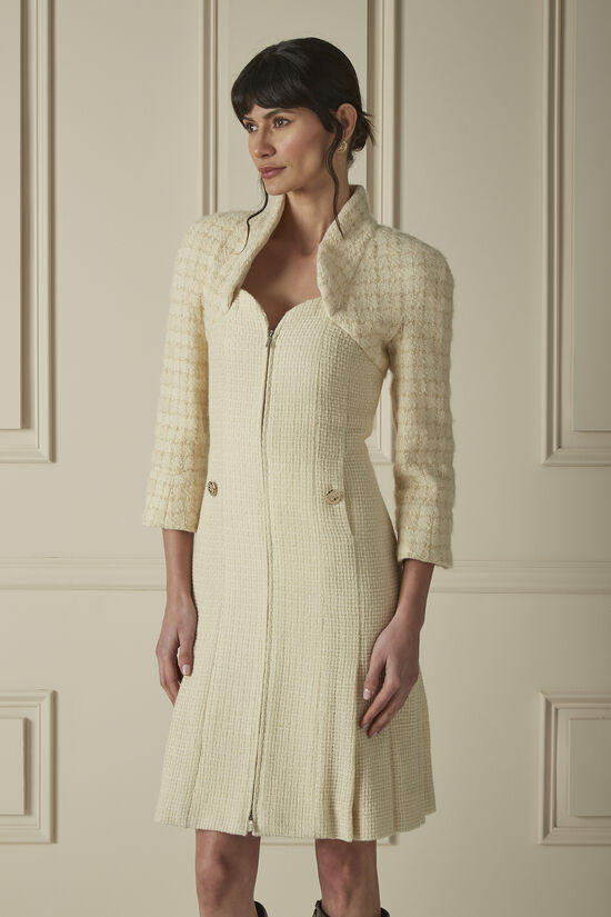 Cream & Gold Wool Tweed Pleated Dress, , large image number 3