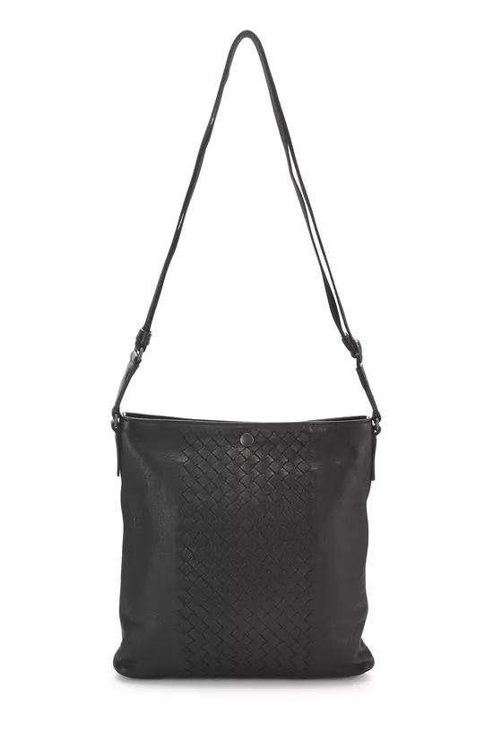 Black Intrecciato Leather Flat Messenger Bag, , large image number 3