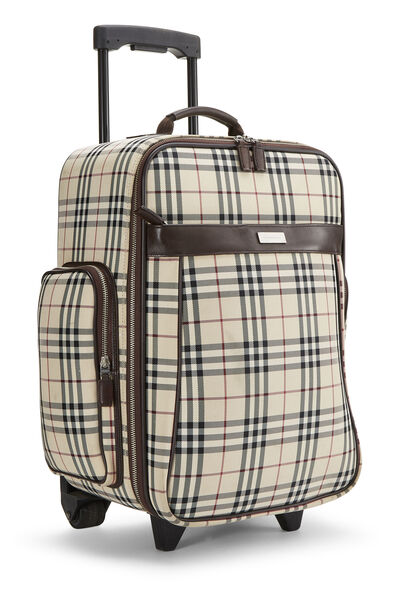 Beige Vintage Check Nylon Carry On Suitcase, , large