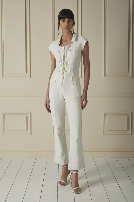 Cream Tweed Lace-Up Jumpsuit, , large image number 0