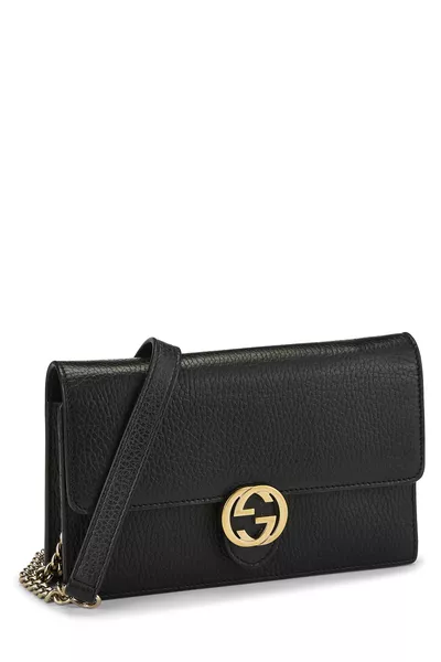 Black Leather Interlocking Wallet On Chain (WOC) Small, , large