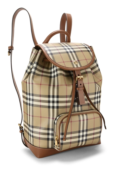 Beige Coated Canvas Vintage Check Backpack, , large
