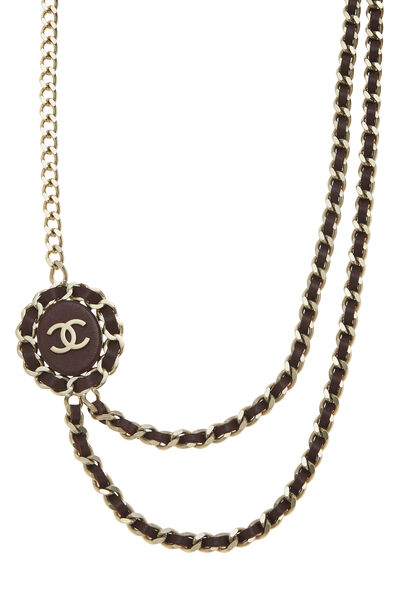 Gold & Burgundy Leather 'CC' Chain Necklace, , large