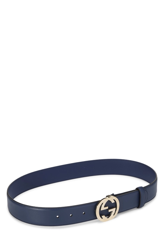 Navy Leather Interlocking GG Belt 80, , large image number 1