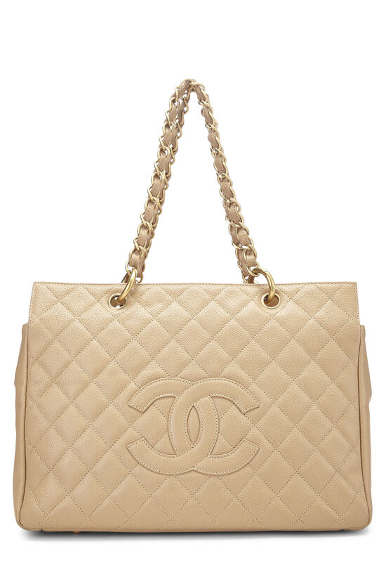 Chanel Beige Quilted Caviar Chain Frame Shopping Tote