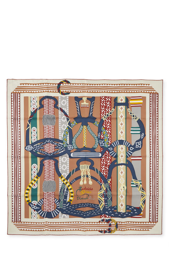 Beige & Multicolor 'Fantaisie D’etriers' Silk Scarf 90, , large image number 0
