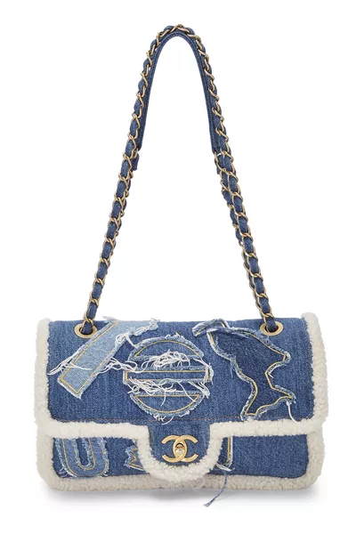 Paris-Egypt Blue Denim & Shearling Hieroglyph Flap Medium