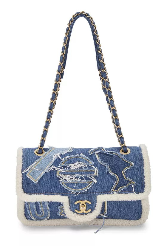 Paris-Egypt Blue Denim & Shearling Hieroglyph Flap Medium, , large image number 0