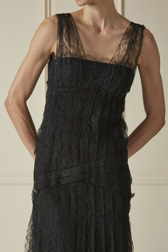 Black Sparkly Pleated Lace Midi Dress, , large image number 2