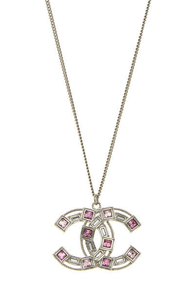 Silver & Pink Crystal 'CC' Necklace, , large
