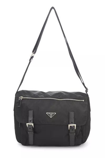 Black Nylon Buckle Flap Messenger Bag