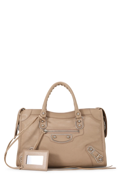 Beige Calfskin Leather Metallic Edge City Bag