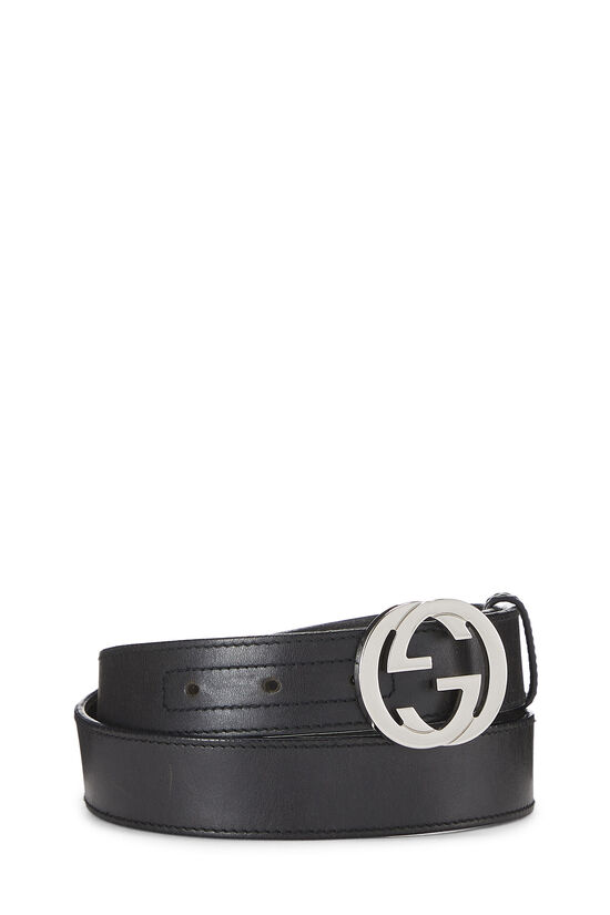Black Leather Interlocking GG Belt, , large image number 0