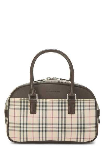 Brown Check Jacquard Canvas Bowler Bag Small