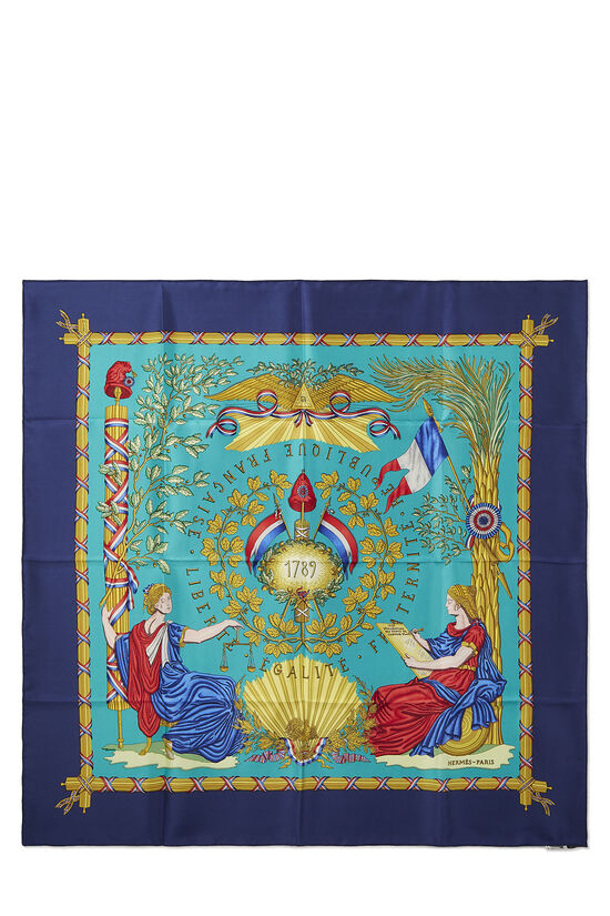 Navy & Multicolor 'Republique Francaise Liberte Egalite Fraternite' Silk Scarf 90, , large image number 0