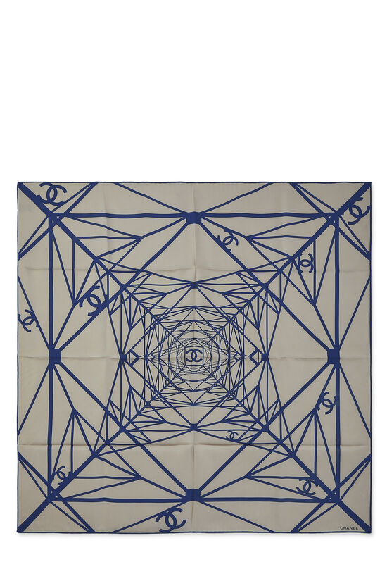 Blue & Beige Geometric Silk Scarf, , large image number 0