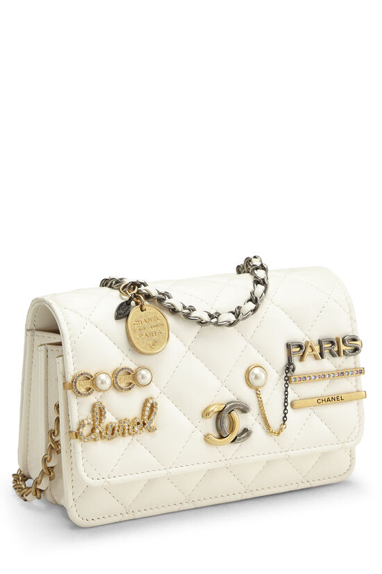 Chanel White Quilted Lambskin Coco Clips Wallet On Chain Gold And