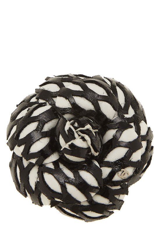 White & Black Leather Camellia Brooch, , large image number 0