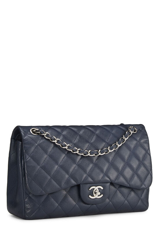 Chanel Classic Double Flap Quilted Caviar Silver-tone Medium Navy
