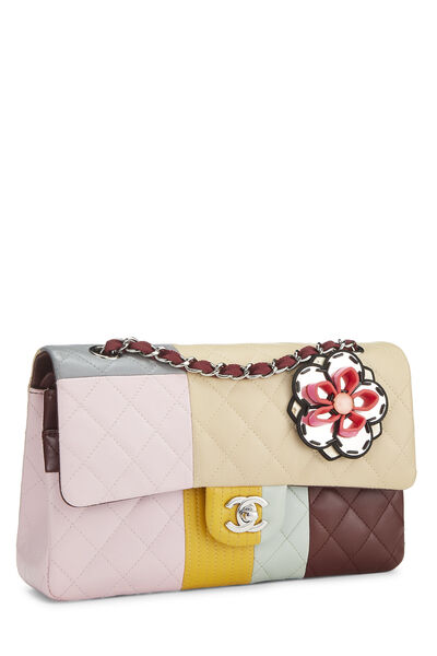 Beige & Multicolor Quilted Lambskin Flower Classic Double Flap Medium, , large