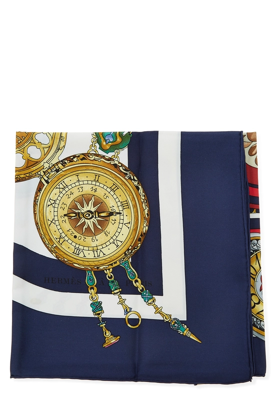 Navy & Multicolor 'Parmi les Fleurs Je Compte les Heures' Silk Scarf 90, , large image number 1