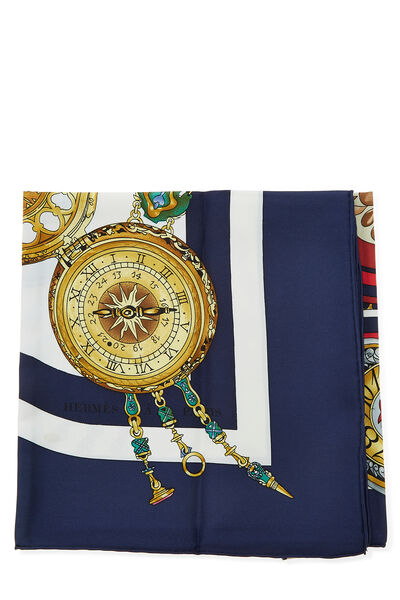 Navy & Multicolor 'Parmi les Fleurs Je Compte les Heures' Silk Scarf 90, , large