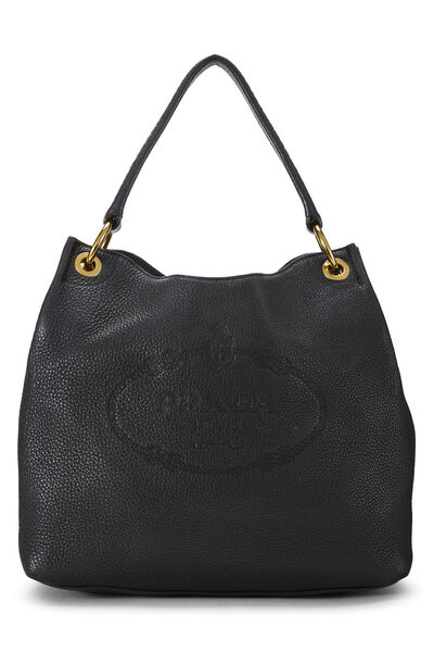 Black Vitello Daino Embossed Logo Hobo
