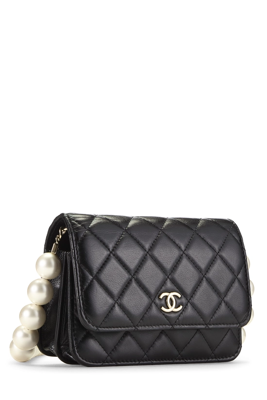 Black Quilted Lambskin Faux Pearl Chain Clutch, , large image number 1