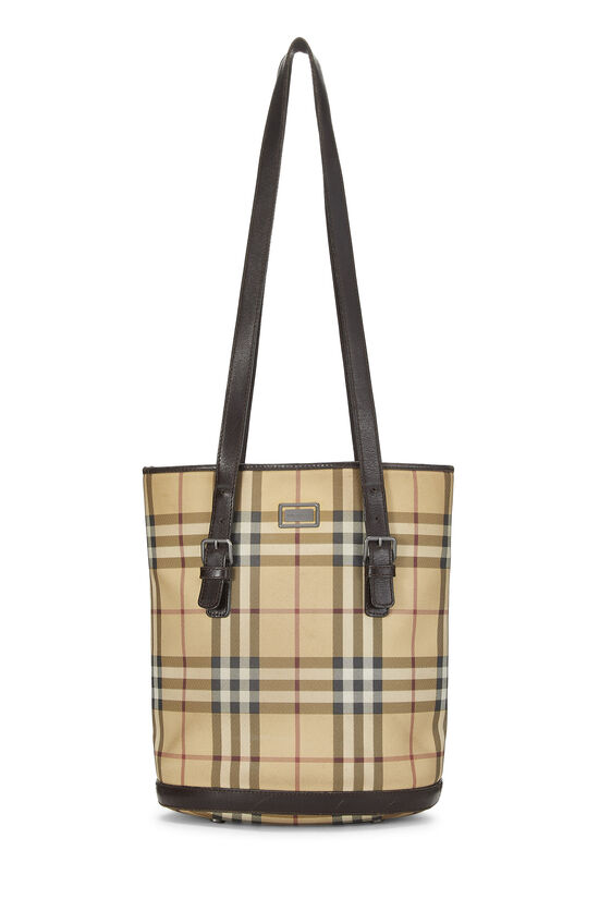 Beige Check Coated Canvas Bucket Bag Small, , large image number 1