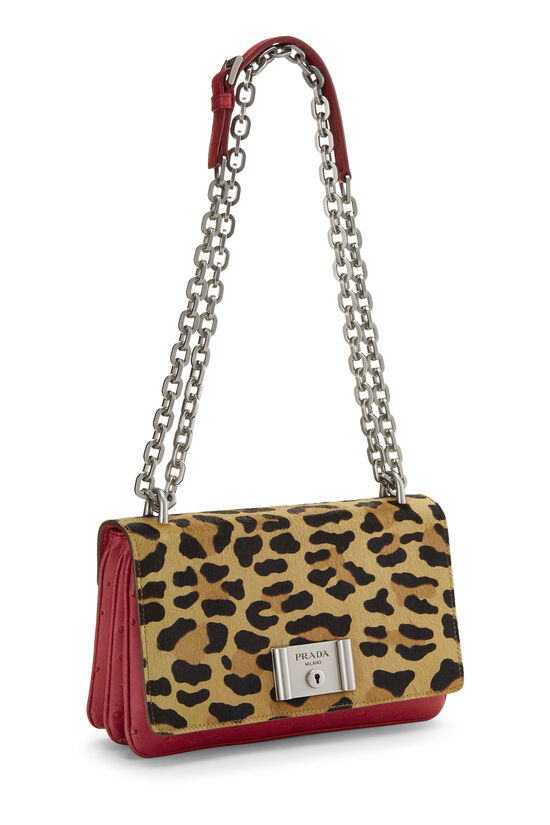 Brown Printed Calf Hair & Red Ostrich Chain Bag, , large image number 1