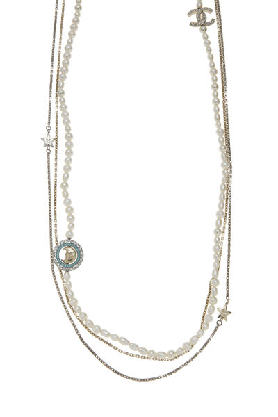 Faux Pearl Moon & Stars Layered Necklace, , large