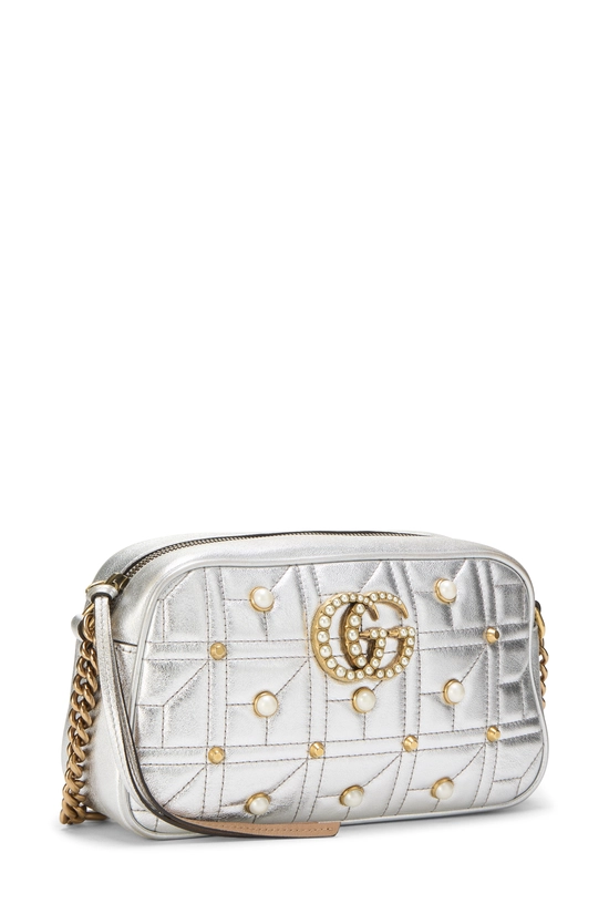 Silver Leather & Faux Pearl GG Marmont Crossbody Small, , large image number 1