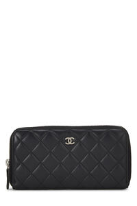 Chanel Metallic Silver & Black Quilted Fabric Zip-Around Wallet