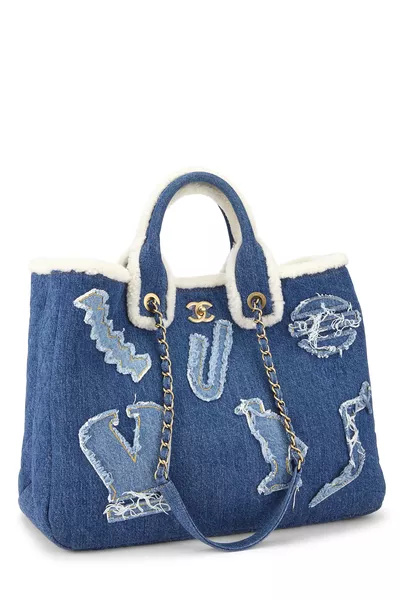 Paris-Egypt Blue Denim Shearling Hieroglyph Shopping Tote, , large