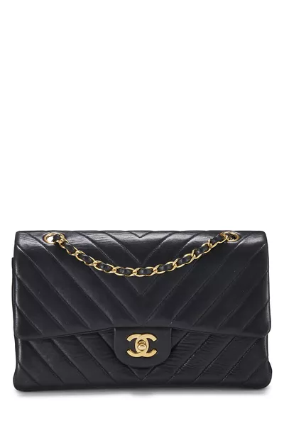 Black Chevron Lambskin Classic Double Flap Medium