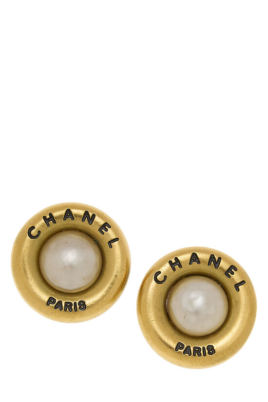 Gold Faux Pearl Button Earrings, , large image number 0