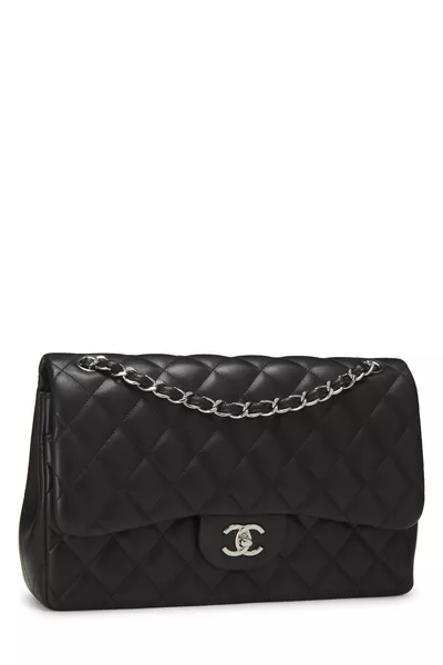 Black Quilted Lambskin New Classic Double Flap Jumbo, , large