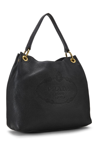 Black Vitello Daino Embossed Logo Hobo, , large