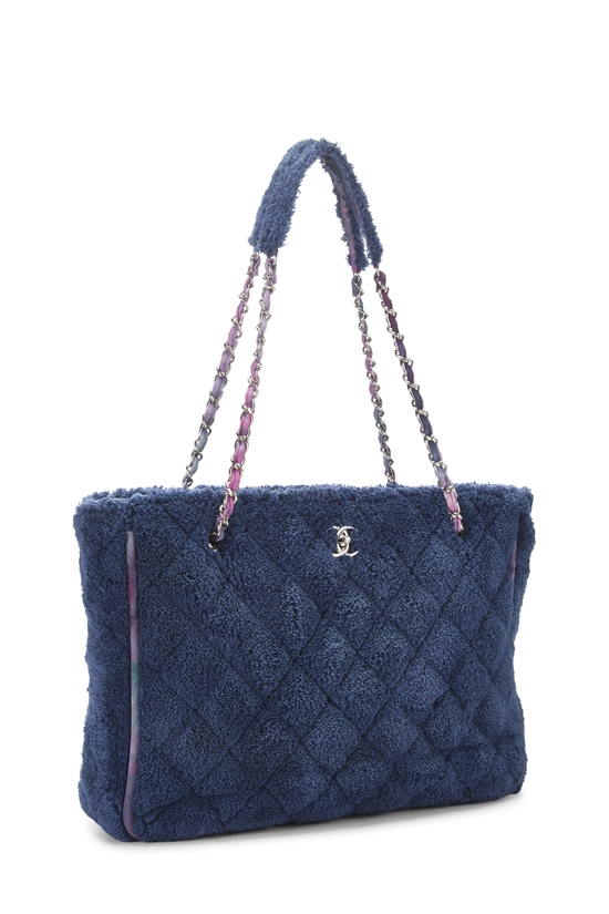 Blue Terry Cloth Ribbon Shopping Tote Bag Large, , large image number 1